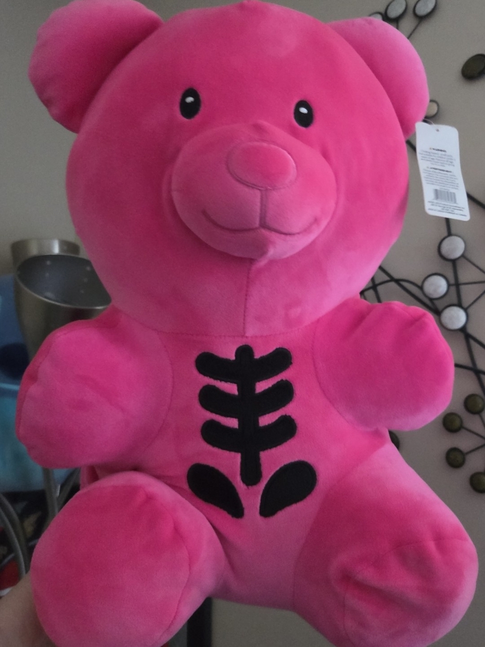 Plush Pink Teddy Bear Kids Toy with Black Chest Design. 16 Inches tall.